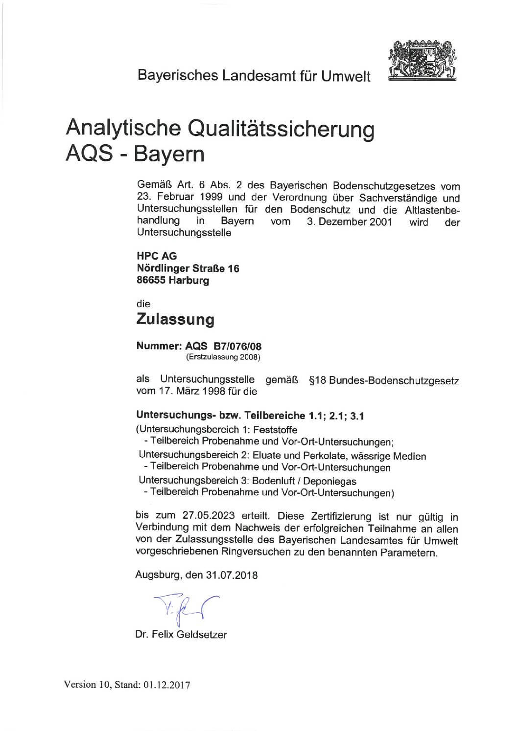 Dokument zur Analytischen Qualitätssicherung AQS des Bayerischen Landesamtes für Umwelt für die HPC AG