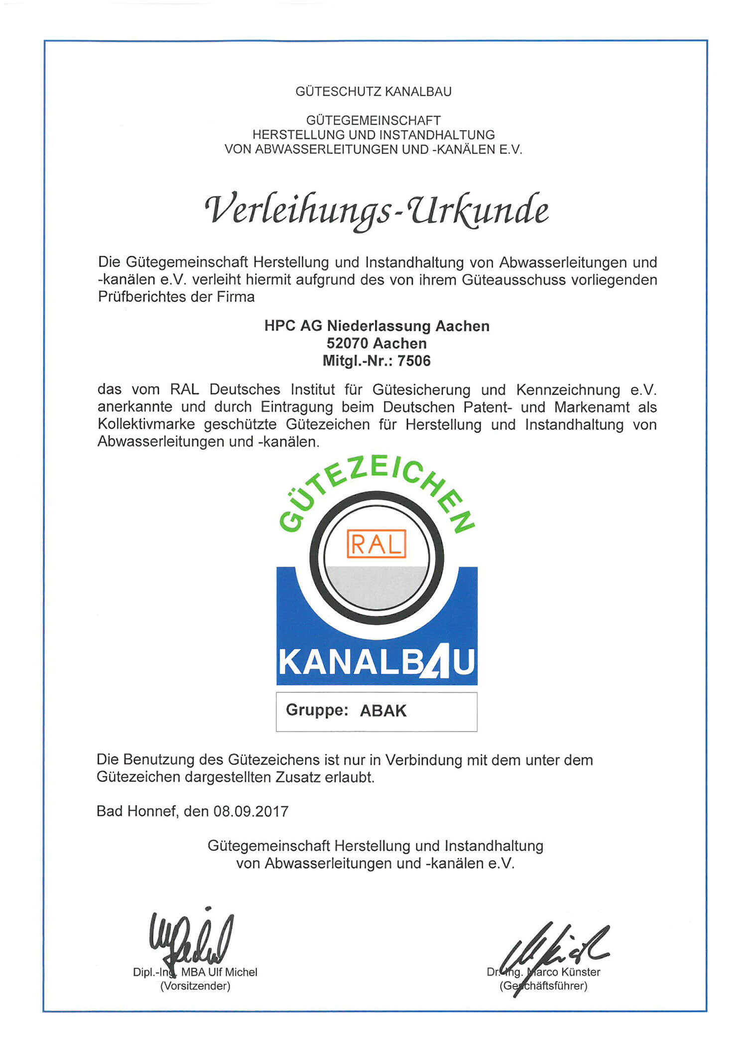 Verleihungs-Urkunde: Gütezeichen Kanalbau für die HPC AG Niederlassung Aachen.