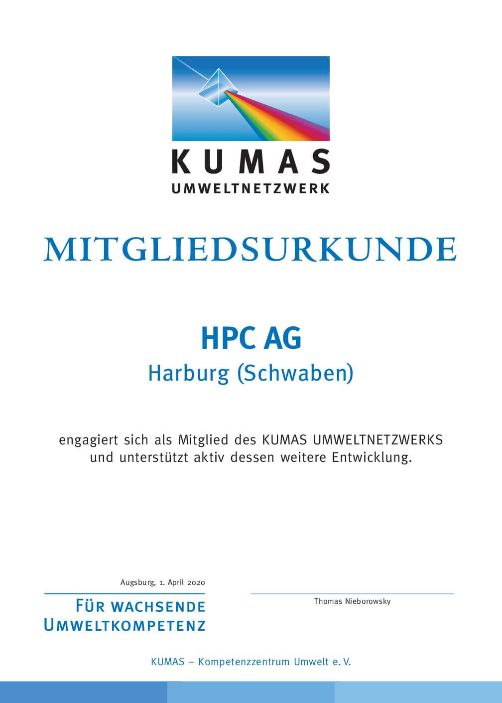 Mitgliedsurkunde der KUMAS Umweltnetzwerke für die HPC AG.